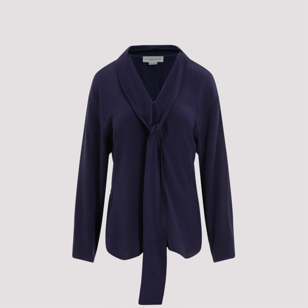 Victoria Beckham Silk Shirt With Tie Detail In Blue