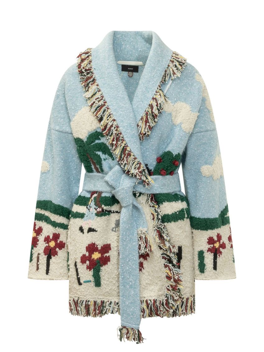 Alanui Multicolor Jacquard Shawl Neck Cardigan In Animal Print