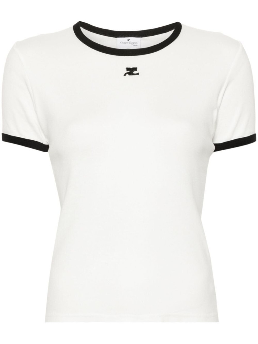 Courrèges Fitted White T-shirt With Contrasting Ribbed Trim In White