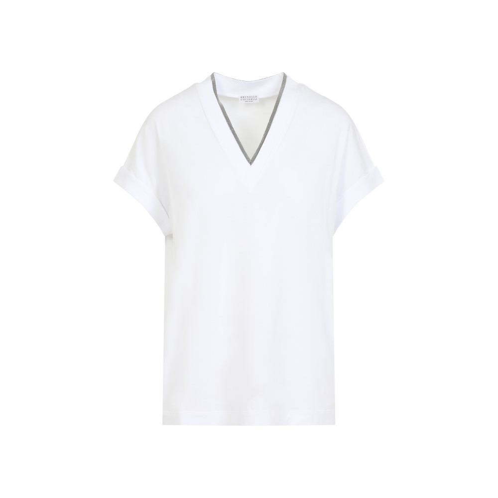 Brunello Cucinelli Monili V-neck Short-sleeve Cotton Jersey T-shirt In White