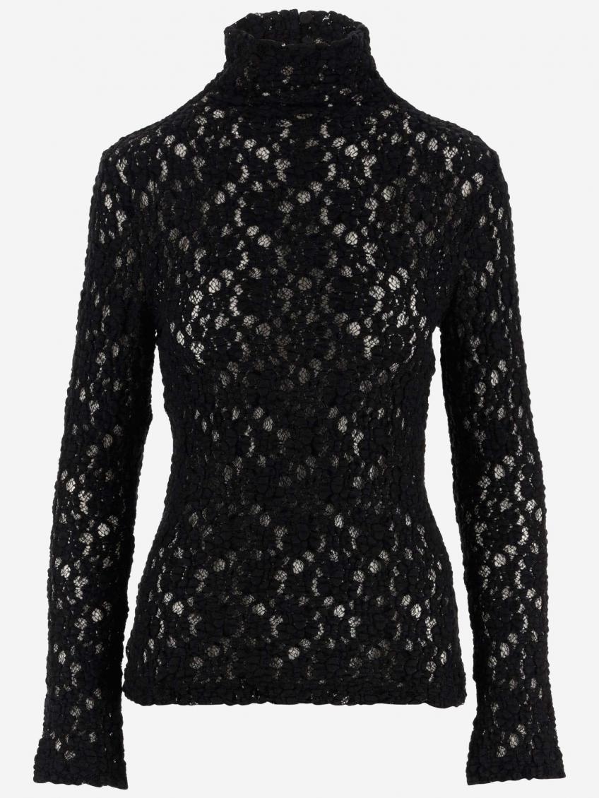 Chloé Turtleneck Long-sleeve Smocked Lace Top