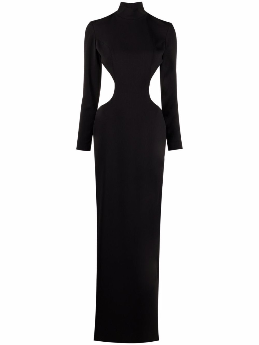 Shop Monot Black Slit Detail Silk Crepe Long Dress