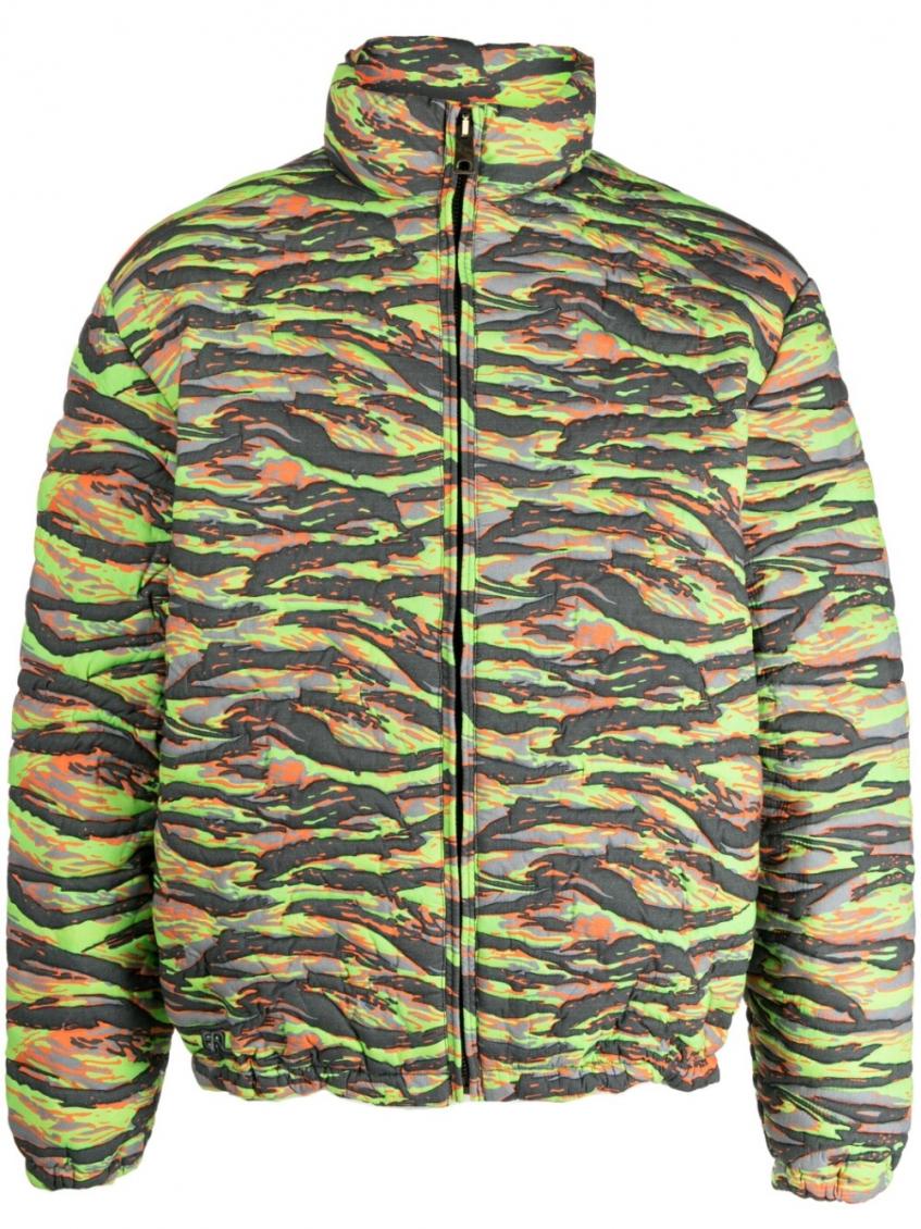 Erl Multicolor Printed Quilted Down Jacket In Green