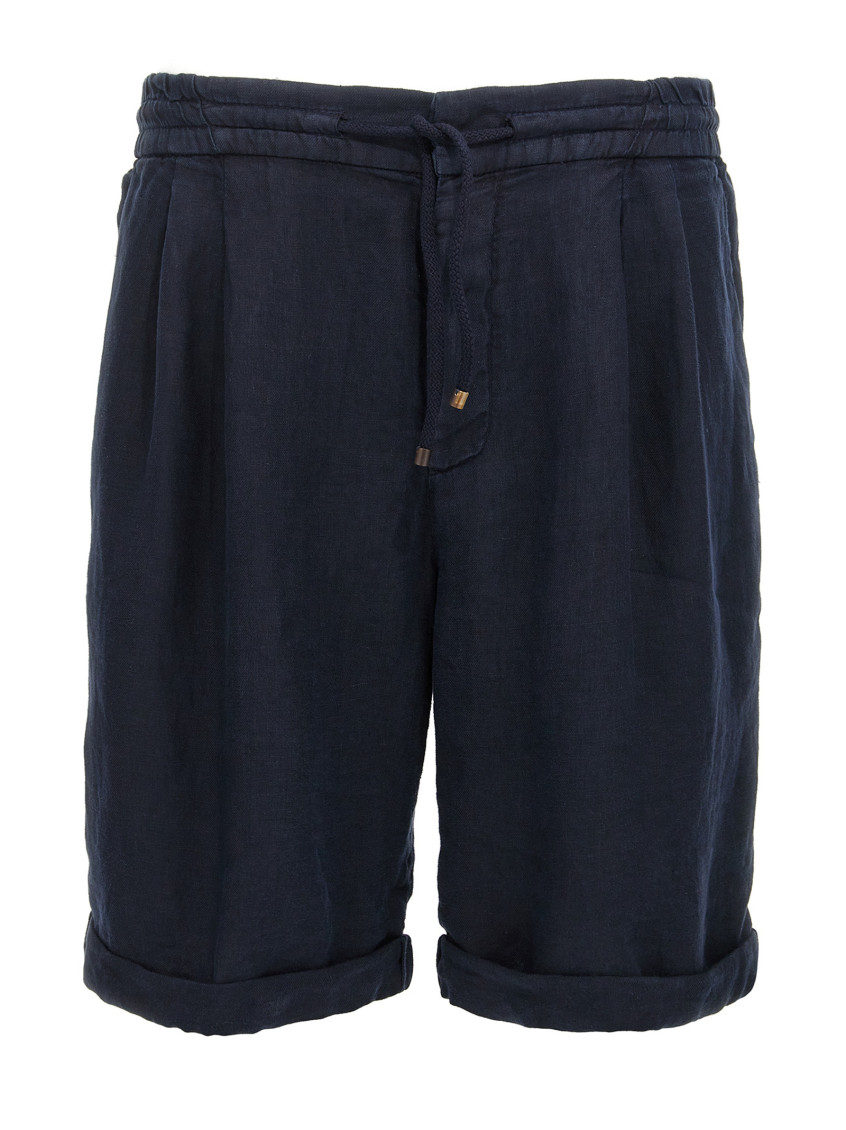 Brunello Cucinelli Garment Dyed Linen Gabardine Bermuda Shorts With Drawstring And Darts In Blue