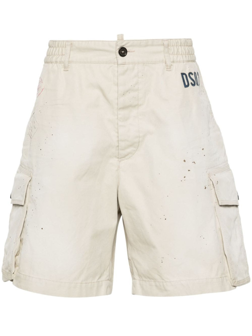 Dsquared2 Cargo Shorts With Paint Splatter Detail In Beige