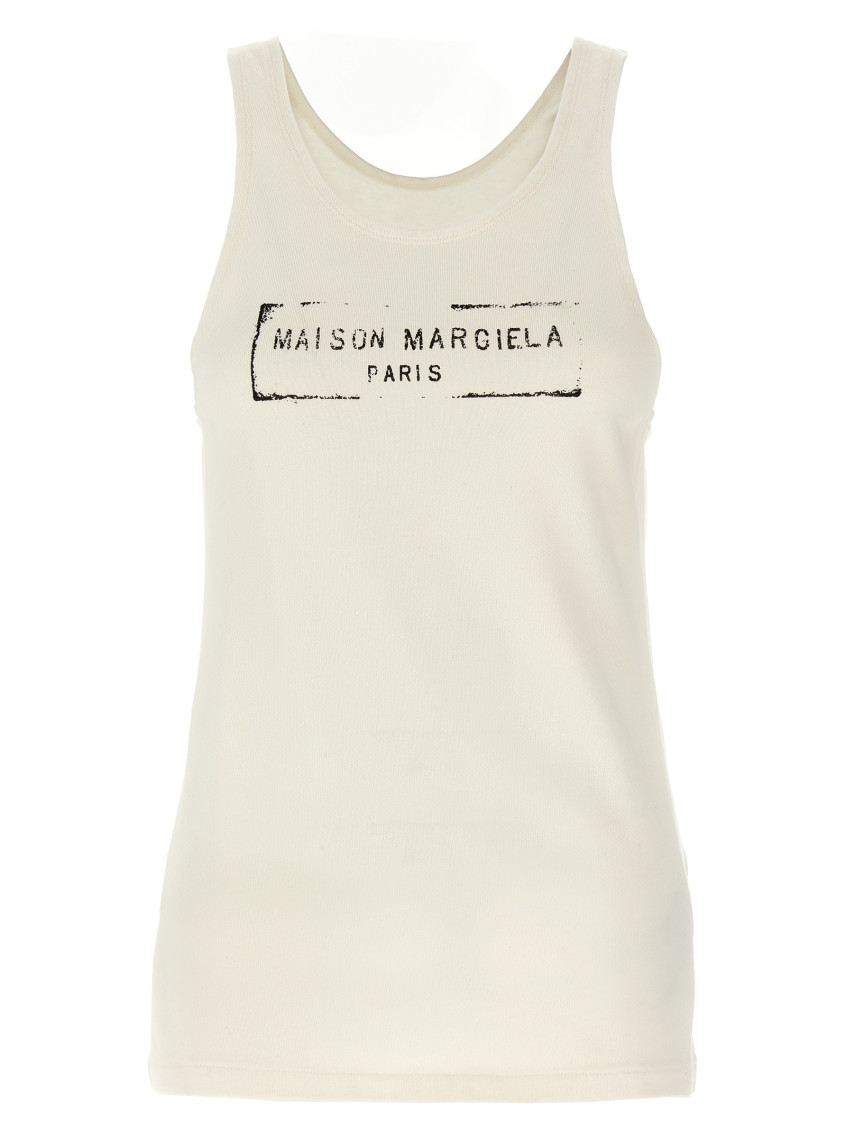 Maison Margiela Beige Top With Wide Neckline And Logo Printed On The Front In Viscose And Cotton Blend Woman In Beige
