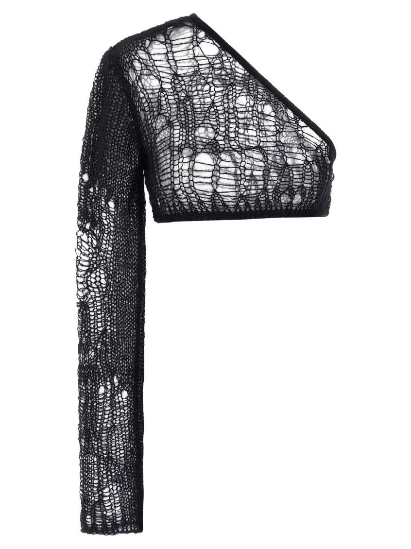 Rick Owens Ziggy One-sleeve Cropped Open-knit Top In Black