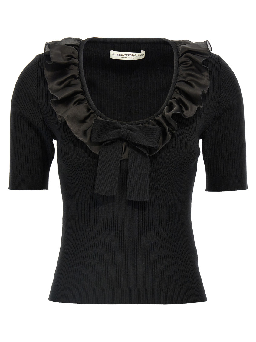 Alessandra Rich T-shirt With Ruffle And Bow Detail In Black