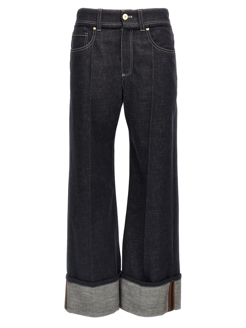 Brunello Cucinelli Women Crop Denim Trousers With Turn-ups In Navy Blue