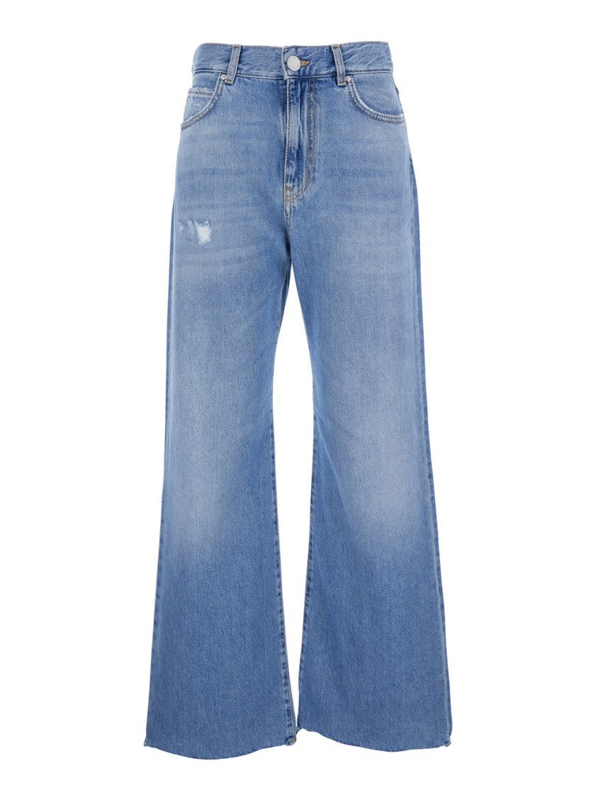 Pinko 'wanda' Blue High Waisted Jeans With Ripped Detail On The Front And Logo Patch On The Rear In Blue