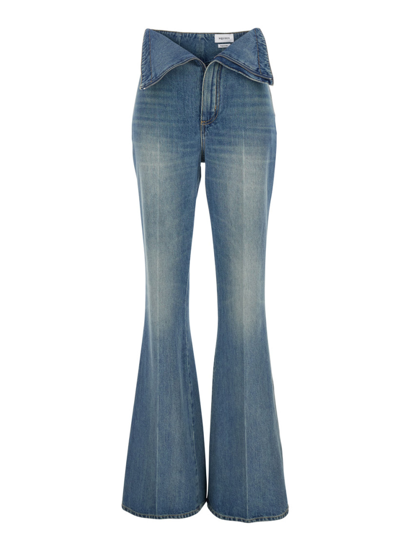 Alexander Mcqueen Blue Fold Over Waist Jeans In Blue