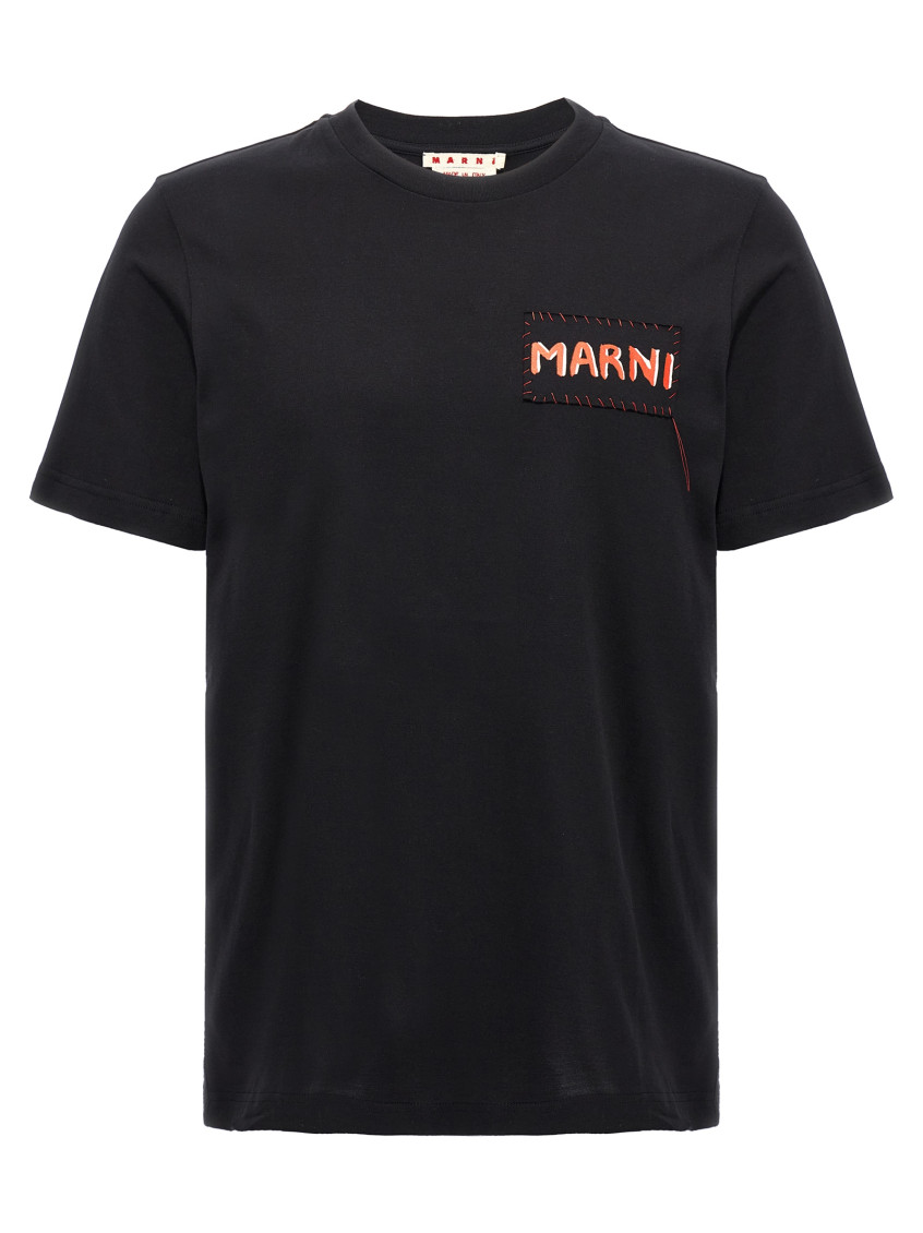 Marni Mens Black Embroidered Logo-patch Crewneck Cotton-jersey T-shirt In Black