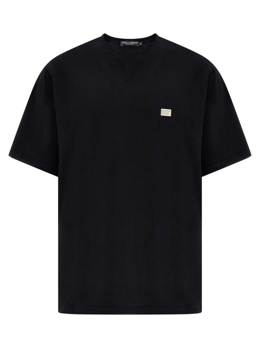 Dolce & Gabbana Cotton T-shirt With Metal Plaque Featuring Front Logo In Black