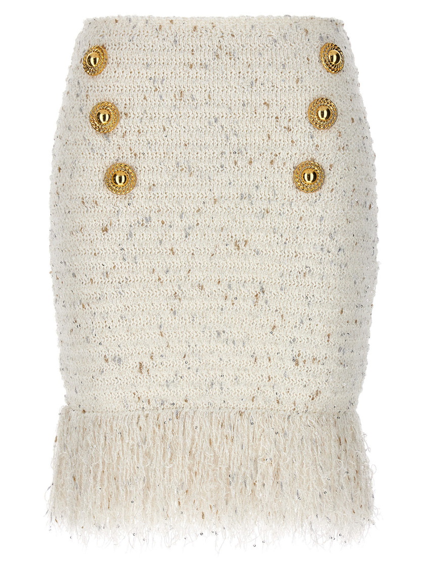 Shop Balmain White Fringed Tweed Skirt