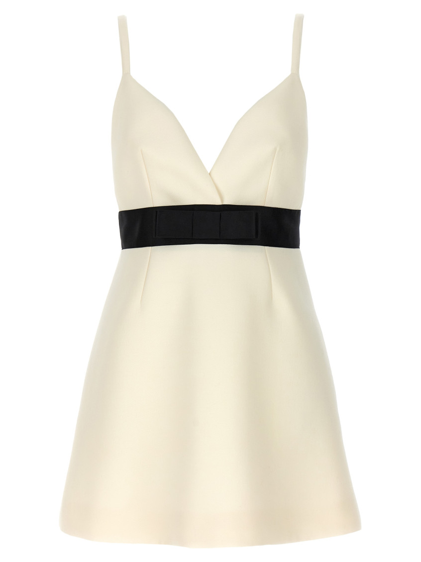 Dolce & Gabbana Woolen Dress With Satin Belt And Straps In Neutral