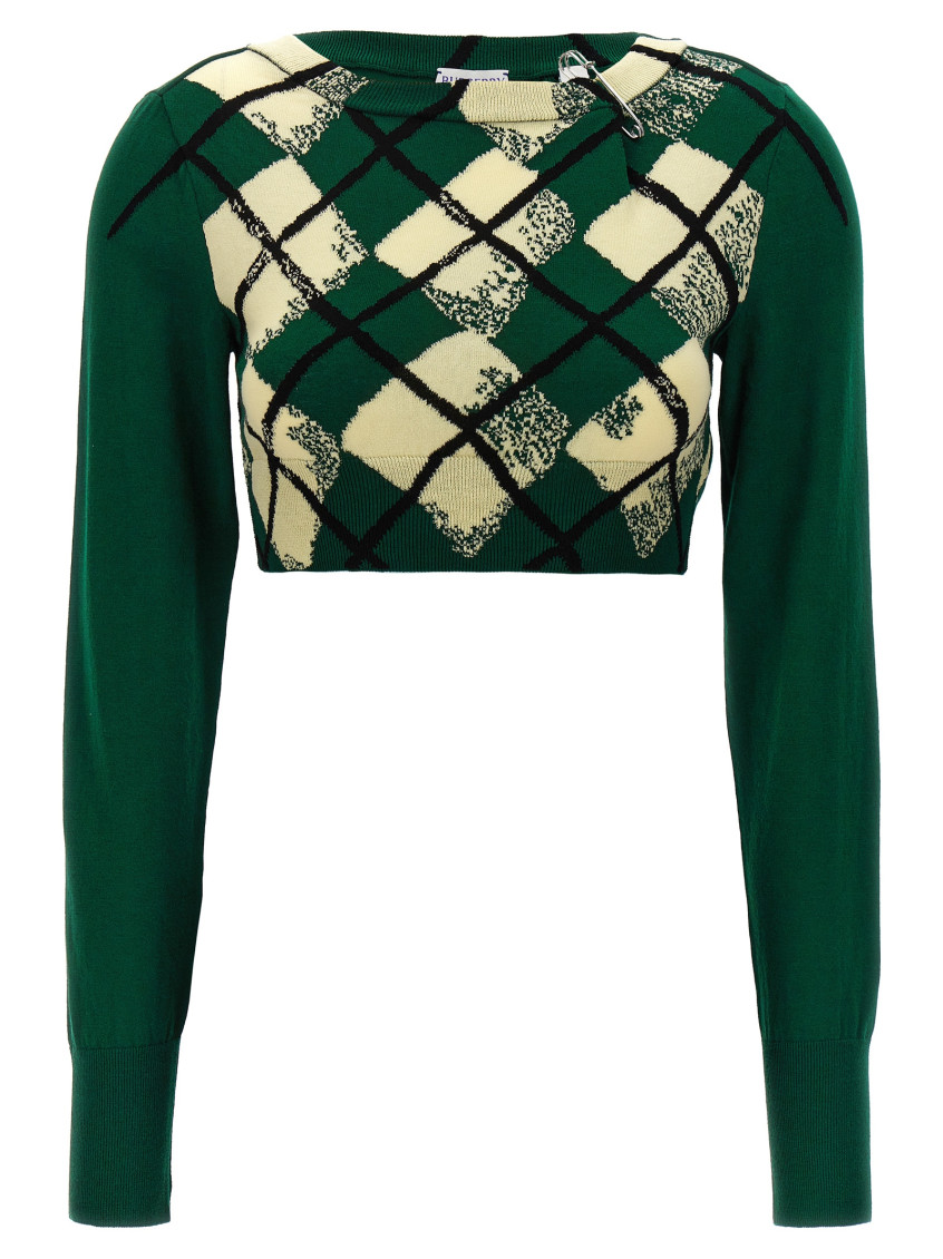Burberry Check Cotton Knit Long Sleeve Sweater In Dark Green