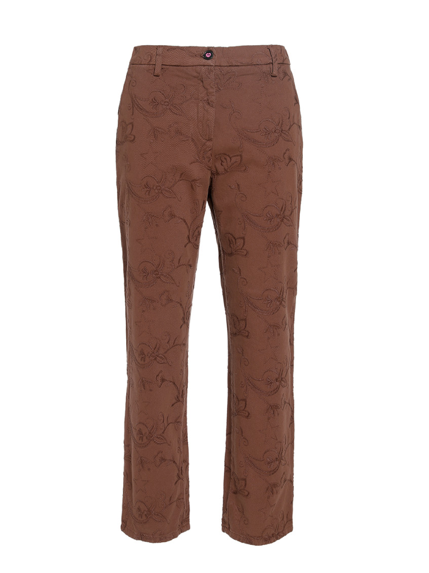 I Love My Pants Brown Cotton Embroidered Trousers In Brown