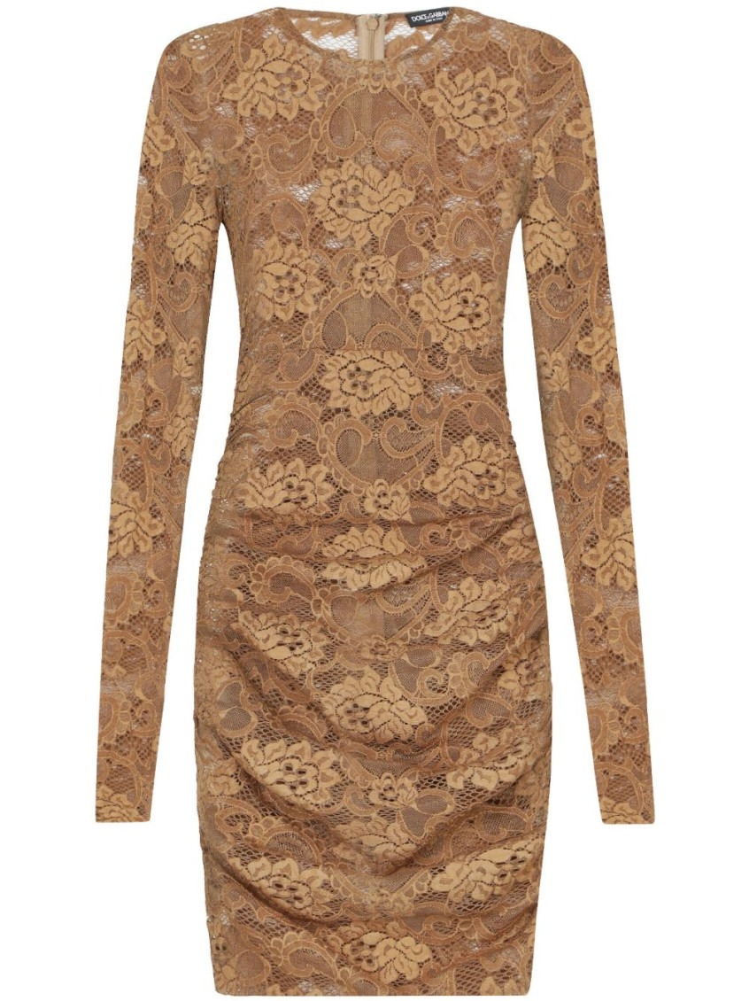 Dolce & Gabbana Lace Floral Chantilly Dress With Long Sleeves In Light Brown