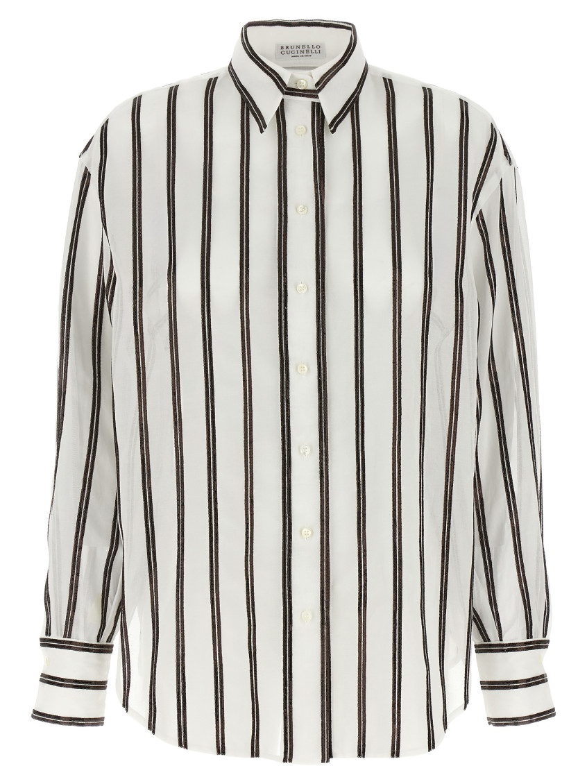 Brunello Cucinelli Sequined Stripe Button Down Gauze Blouse In White