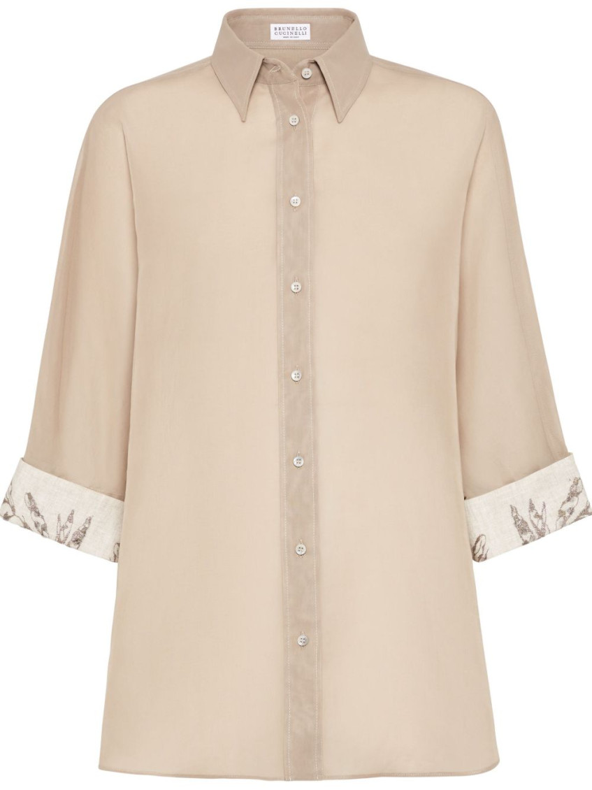 Brunello Cucinelli Women Cotton Organza Shirt With Glistening Flora Embroidery In Beige