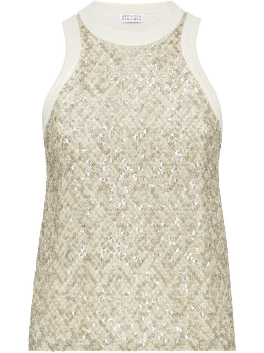 Brunello Cucinelli Stretch Cotton Jersey Top With Dazzling Net Embroidery In Gray