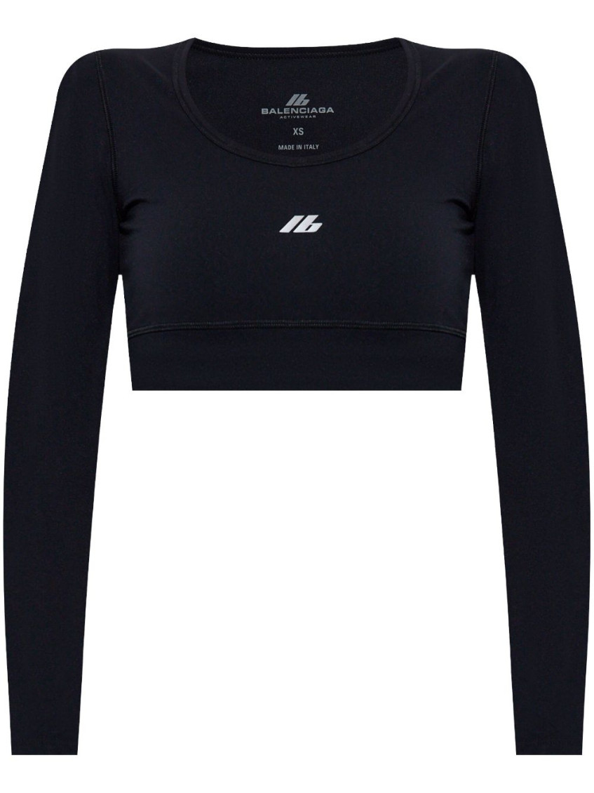 Balenciaga Logo Scoop Neck Cropped Top With Long Sleeves In Black