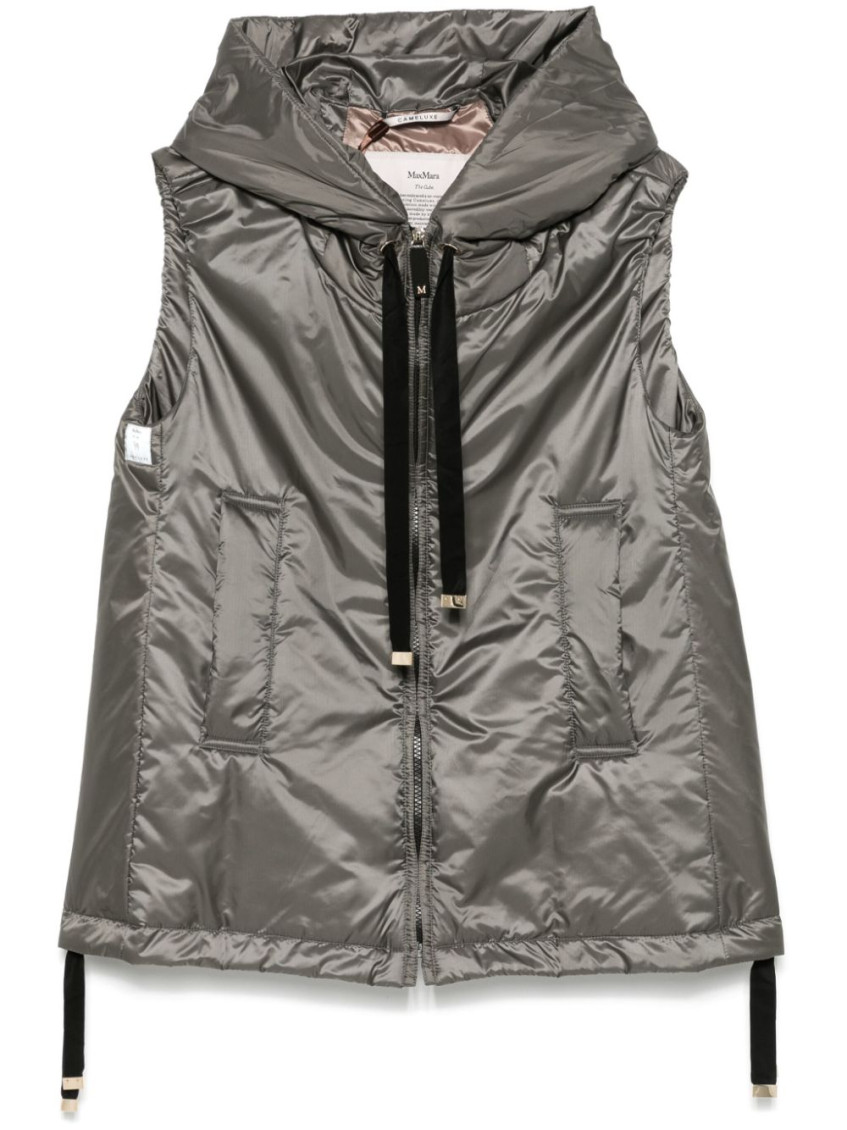 Max Mara Hooded Sleeveless Vest With Shiny Exterior And Relaxed Silhouette In Green