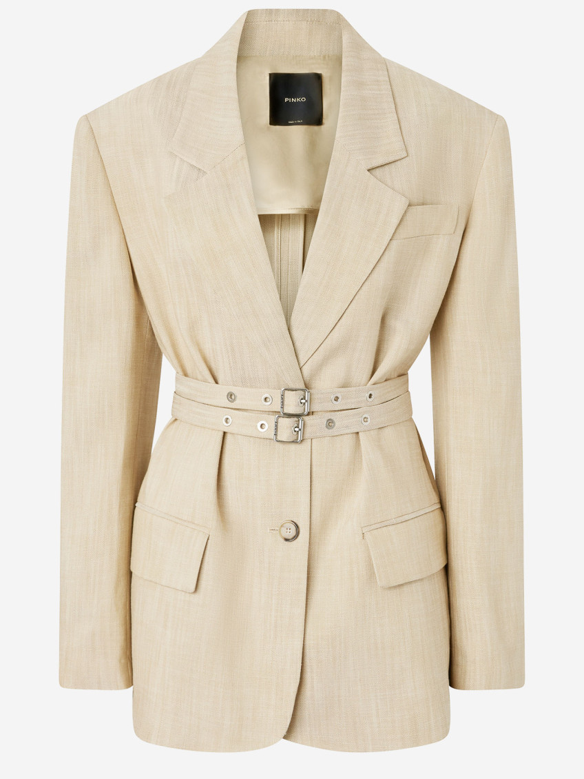 Pinko Belted Waist Blazer With Front Button Fastening In Nude