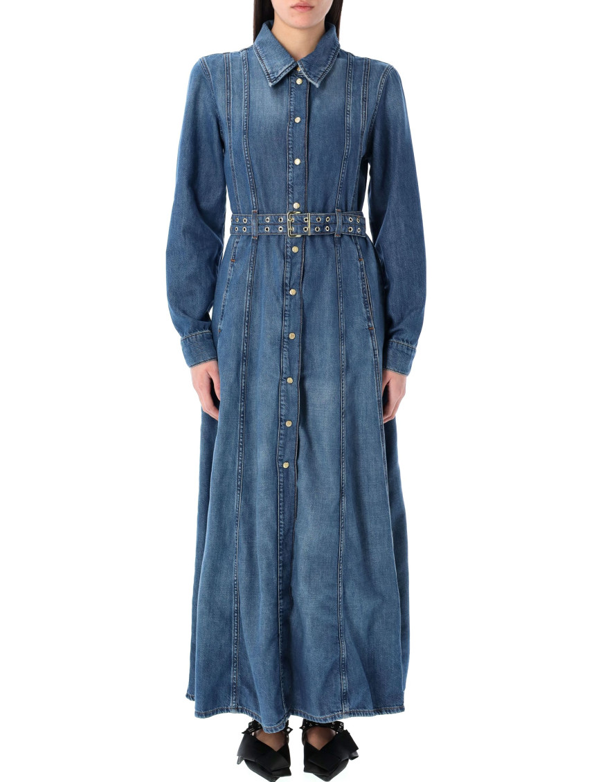 Ganni Blue Long Dress With Adjustable And Removable Waist Belt In Cotton Blend Woman