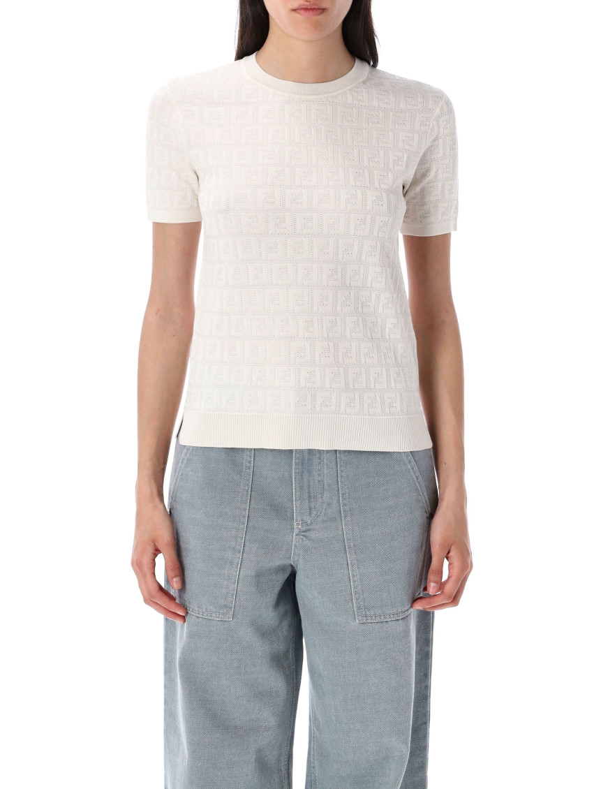 Fendi Ff Knit T-shirt With Tonal Motif In White