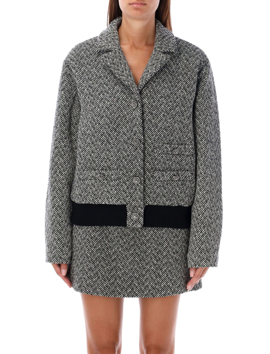 Shop Self-portrait Black Herringbone Pattern Bomber Jacket