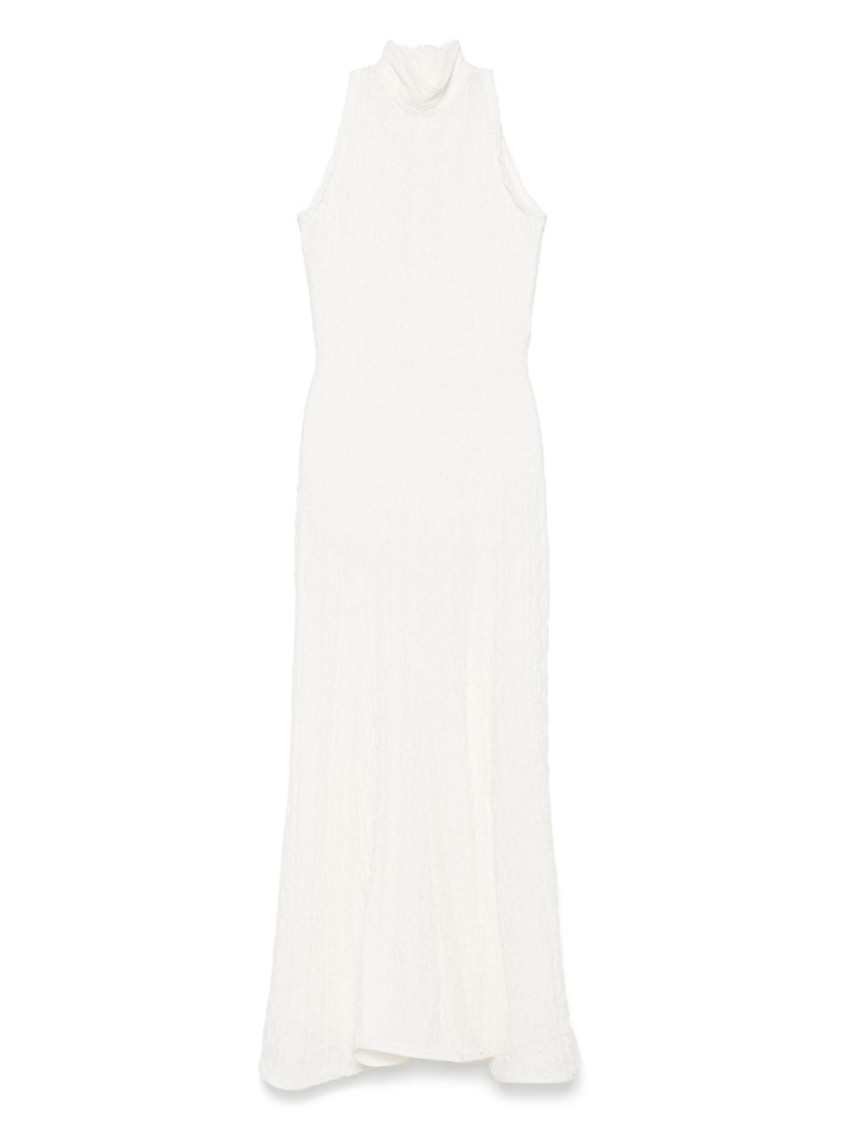 Msgm White Maxi Dress With High Neckline And Fitted Bodice
