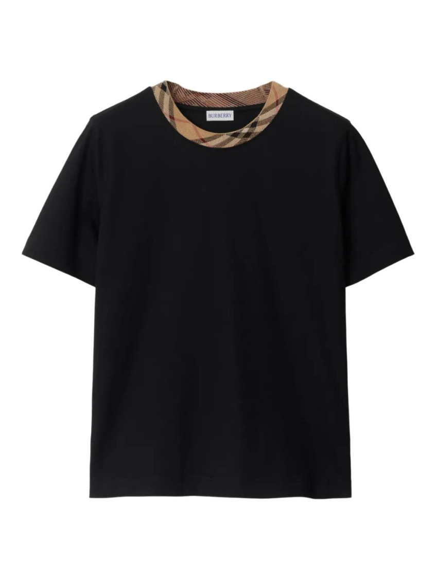 Burberry Black Crewneck T-shirt With Ckeck Motif On The Collar In Cotton Woman