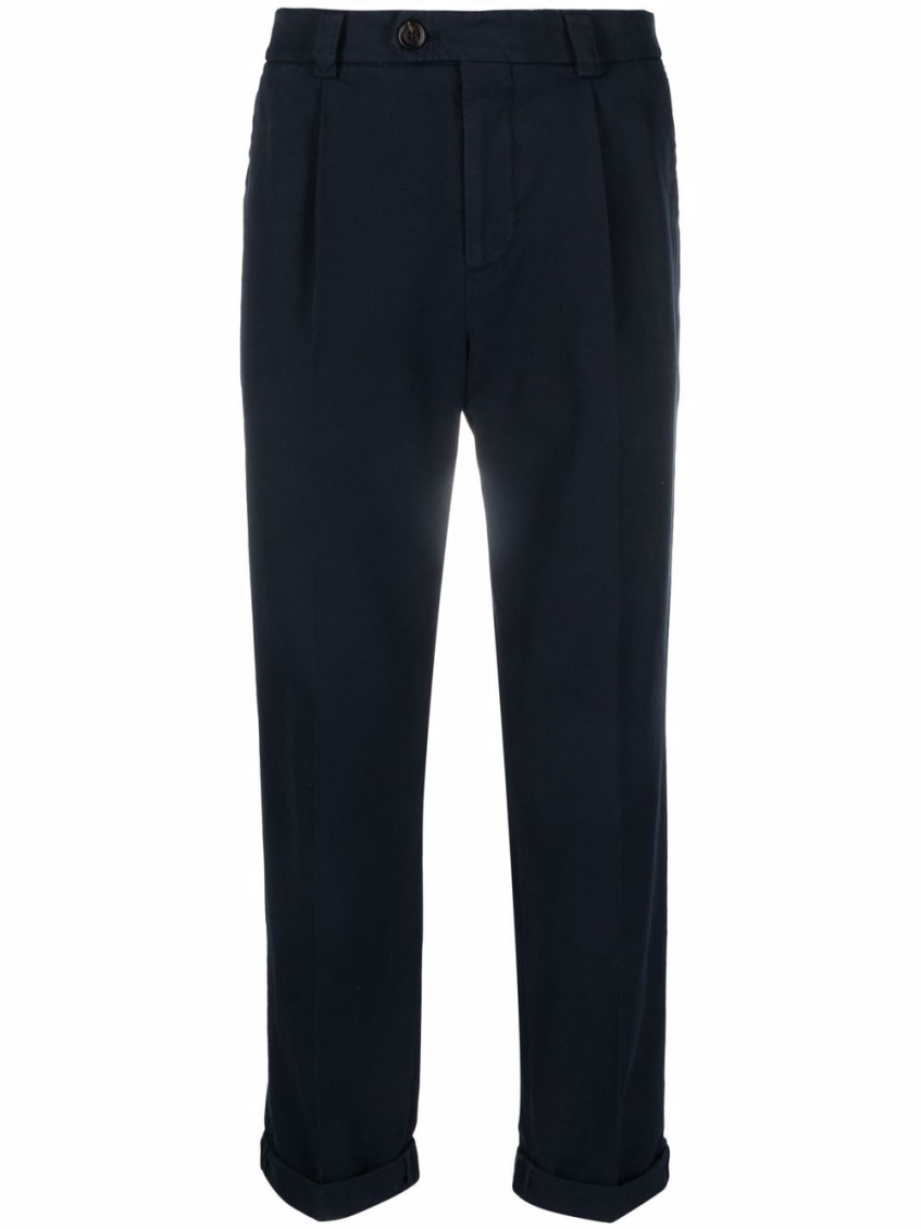 Shop Brunello Cucinelli Navy Blue Cotton Chino Trousers