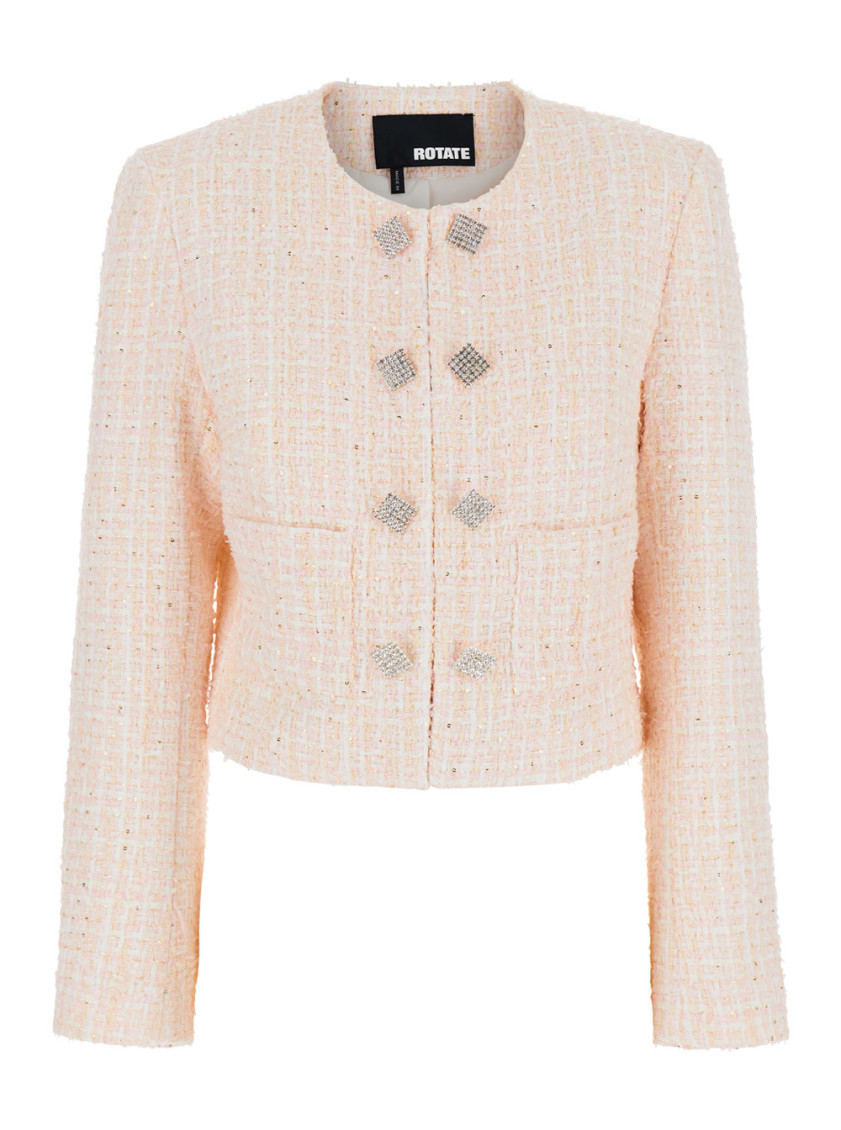 Rotate Birger Christensen Rotate Pink Cropped Jacket With Jewel Buttons In Tweed Woman In Pink