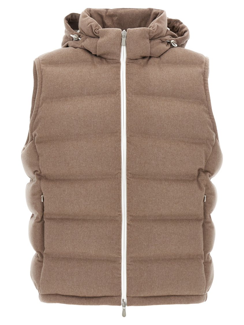 Brunello Cucinelli Men Sleeveless Wool Down Jacket With Detachable Hood In Sand