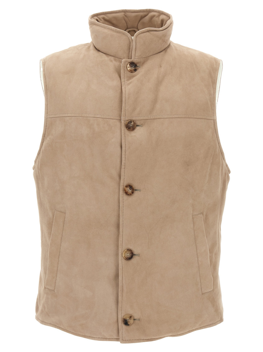 Brunello Cucinelli Suede Vest With Goose Down Padding In Neutral