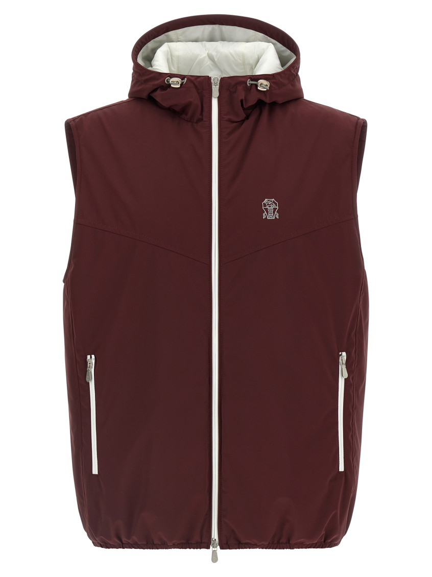 Brunello Cucinelli Hooded Vest With Elastic Hem And Side Zipper Pockets In Burgundy