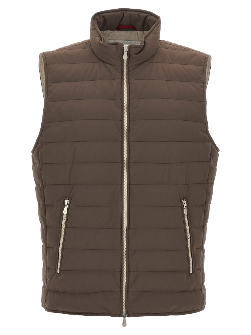 Brunello Cucinelli High Collar Quilted Vest In Brown