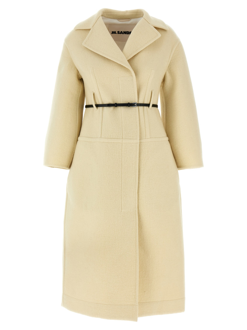 Jil Sander Tailored Coat With Belted Waist And Structured Shoulders In Neutral