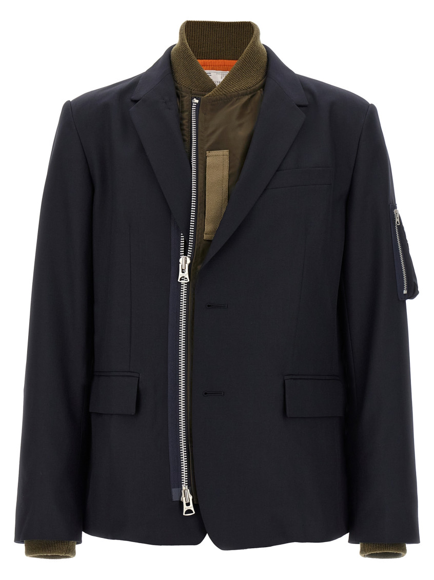 Sacai Layered Shell And Padded Grain De Poudre Blazer In Blue