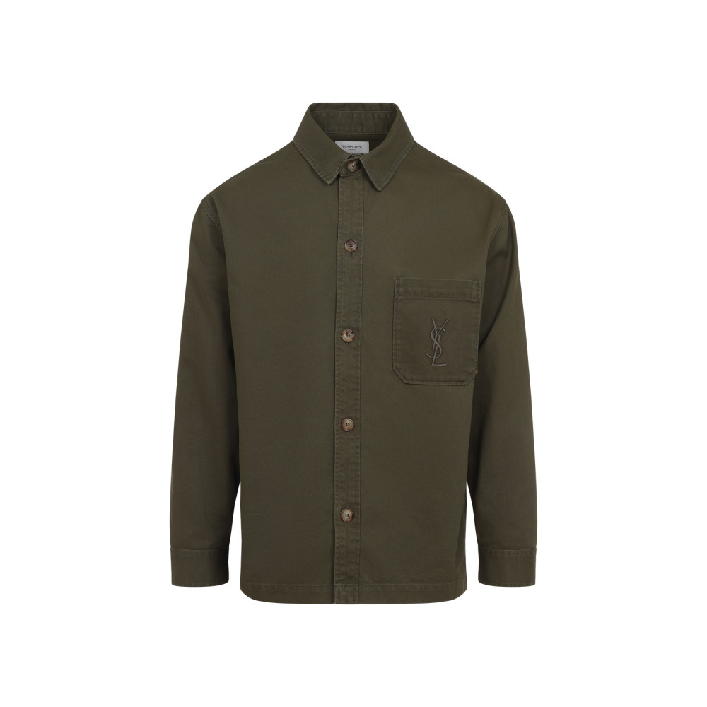Saint Laurent Solferino Cotton Gabardine Overshirt With Cassandre Logo In Green