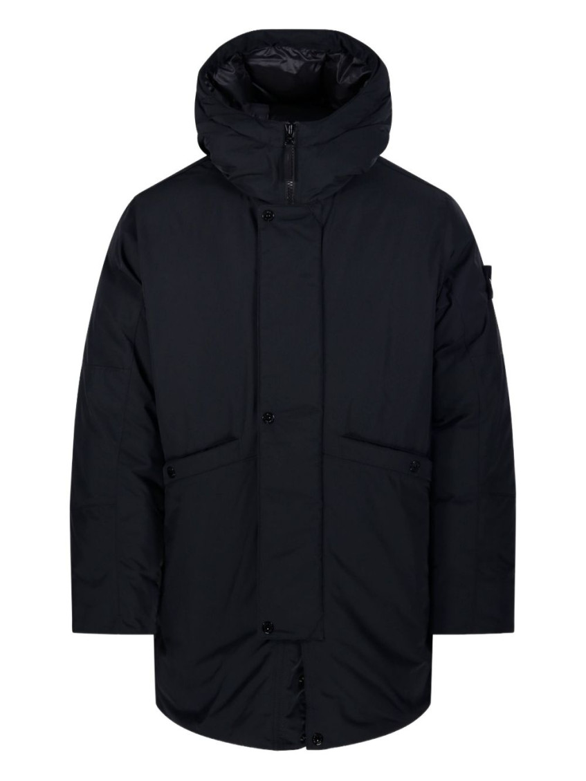Stone Island Padded Parka Long Length Hood Side Pockets In Blue