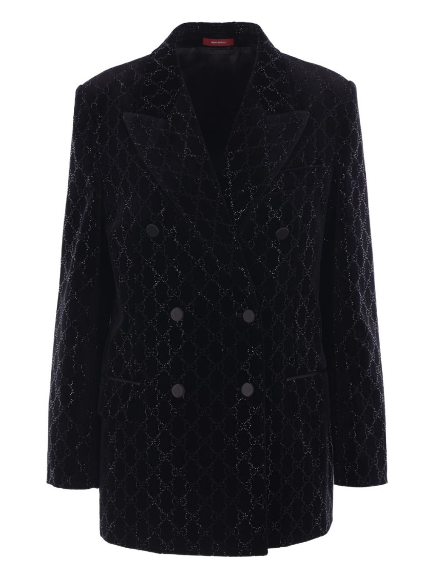 Gucci Double-breasted Velvet Coat Featuring Embroidery In Black