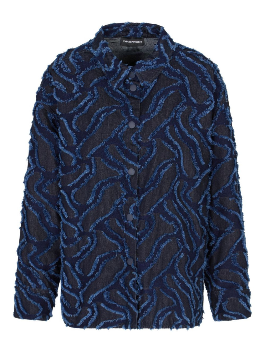 Emporio Armani Fringed Embossed-motif Jacquard Denim Shirt Jacket In Blue
