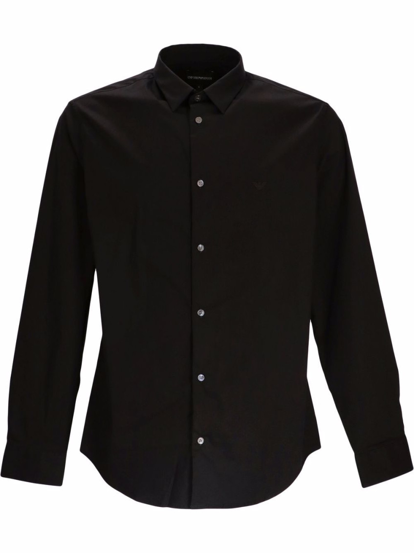Emporio Armani Cotton Poplin Shirt With Buttoned Cuffs And Curved Hem In Black
