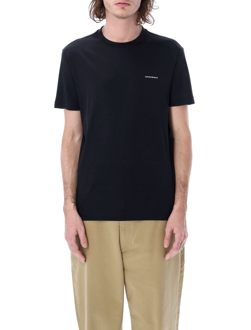 Emporio Armani Black T-shirt With Logo Lettering On The Front In Cotton And Lyocell Blend Man In Blue