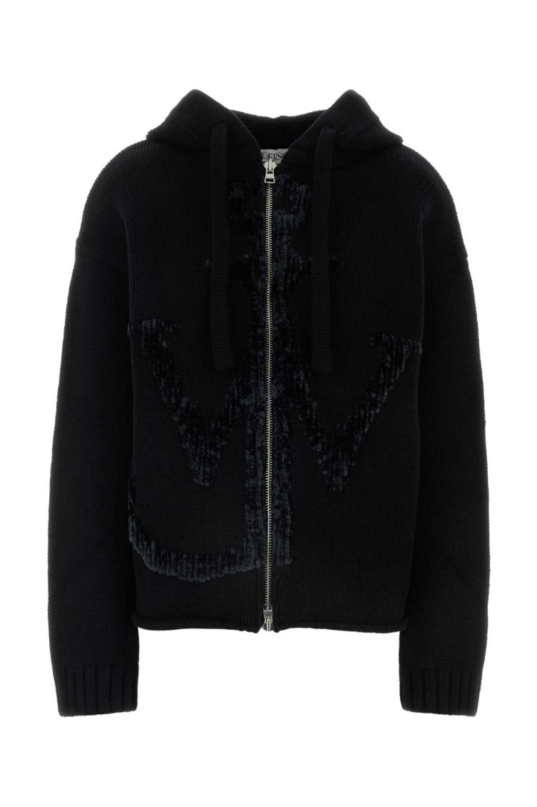 Jw Anderson Wool Sweatshirt With Hood And Ribbed Finish In Black