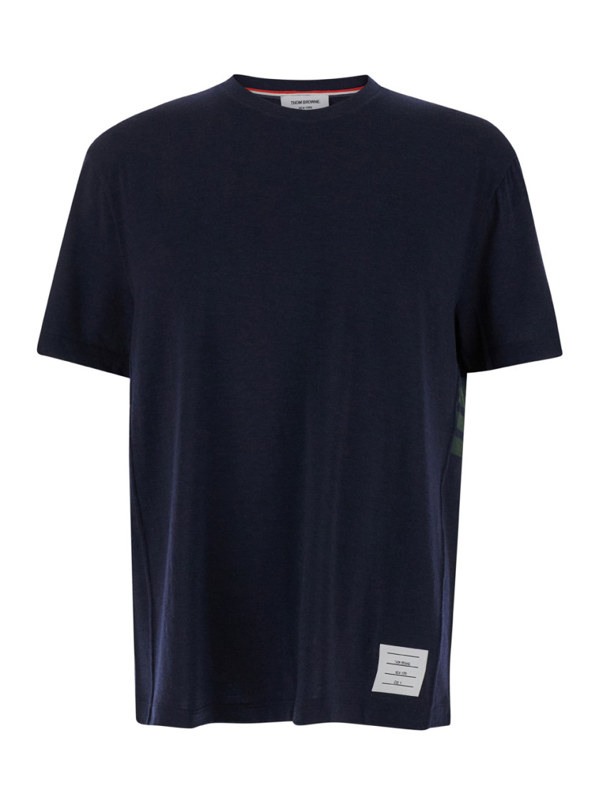 Thom Browne Wool Crew Neck T-shirt With Stripe Detail In Blue