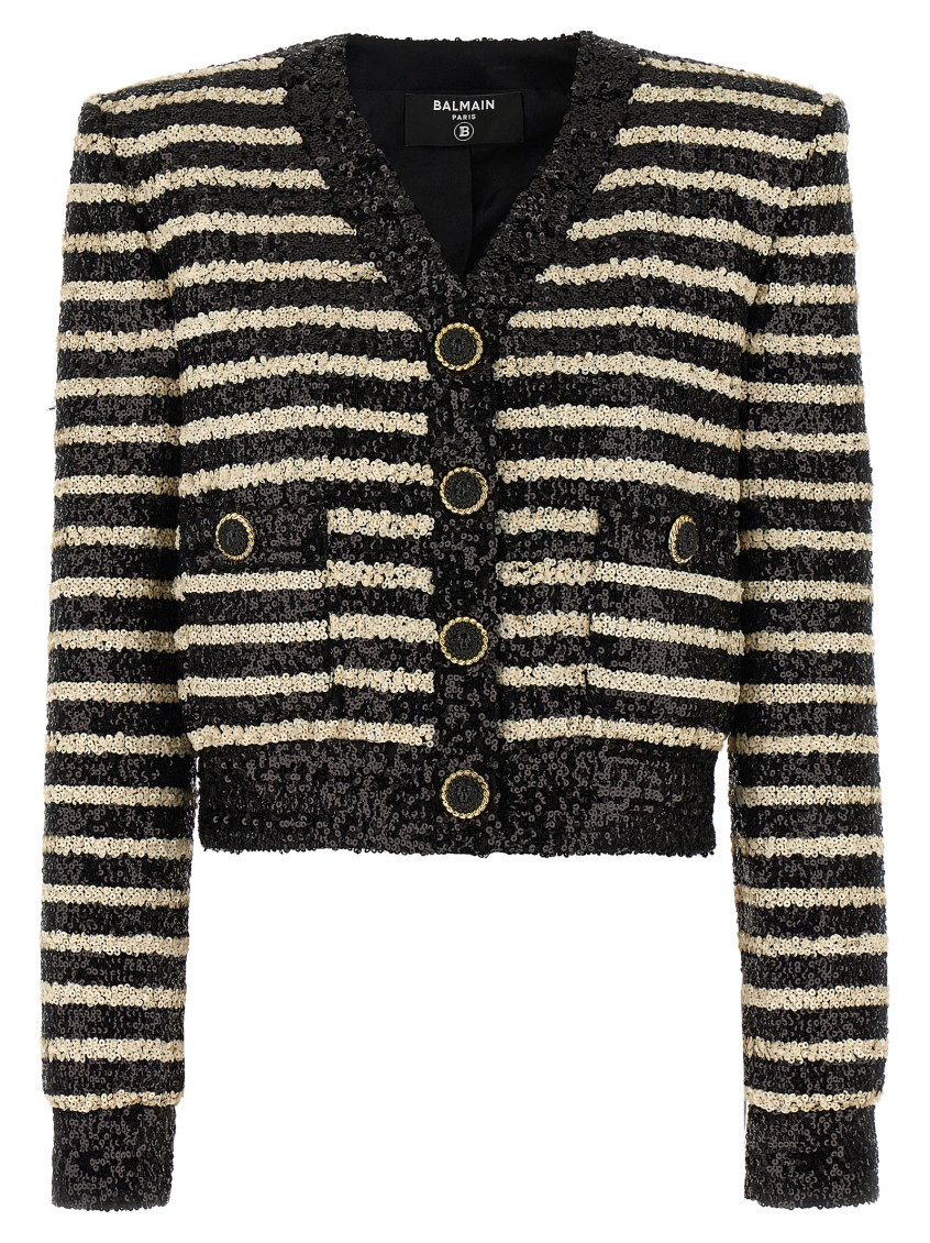 Shop Balmain Blackwhite Striped Sequinned Jacket